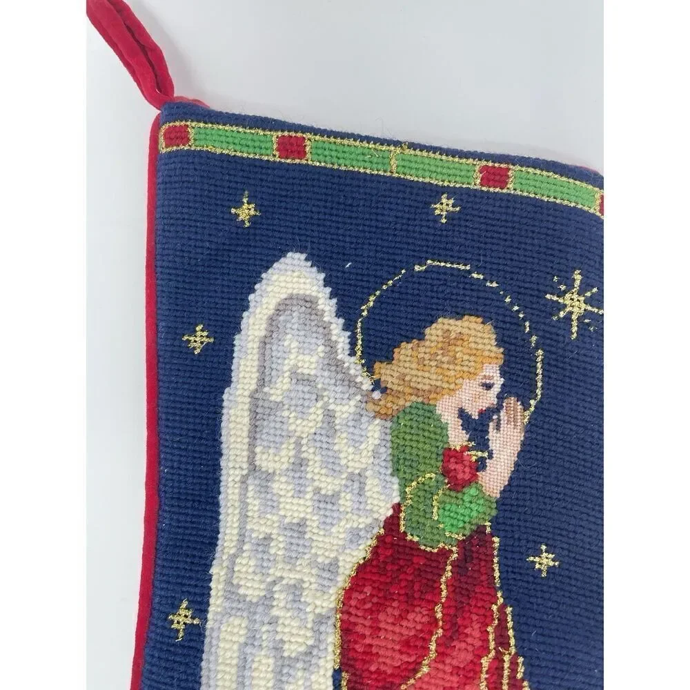 Vintage Needlepoint Christmas Stocking Angel Doves Blue Red Wool Velvet Back